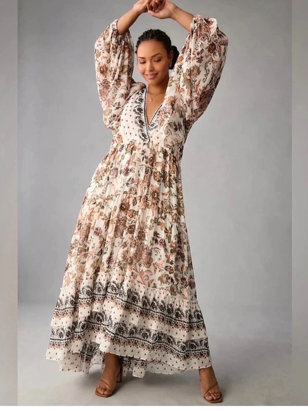 Anthropologie Floral Pasiley Maxi Dress in White & Pink Size XS Like New